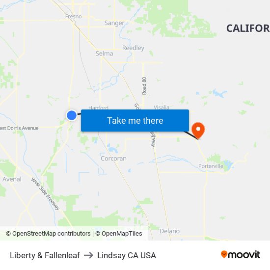 Liberty & Fallenleaf to Lindsay CA USA map