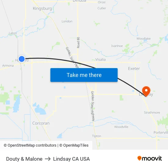 Douty & Malone to Lindsay CA USA map