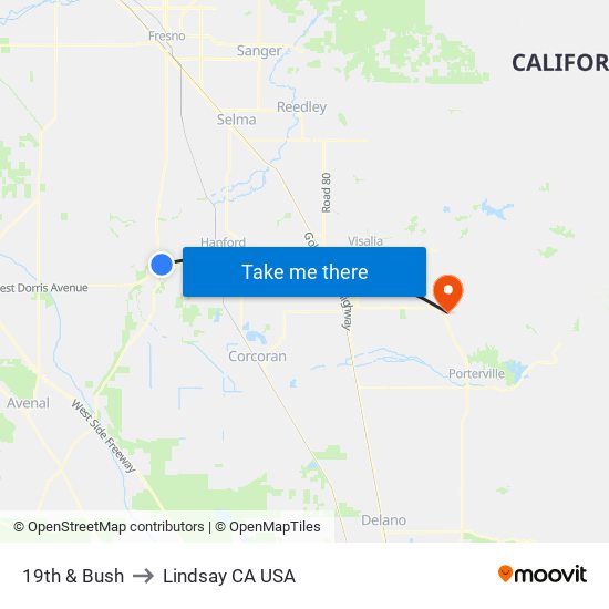 19th & Bush to Lindsay CA USA map