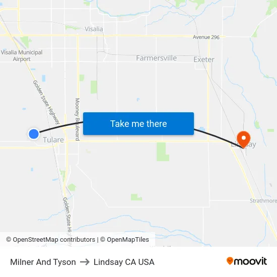 Milner And Tyson to Lindsay CA USA map