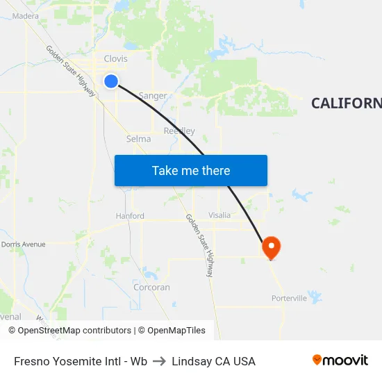 Fresno Yosemite International Airport to Lindsay CA USA map