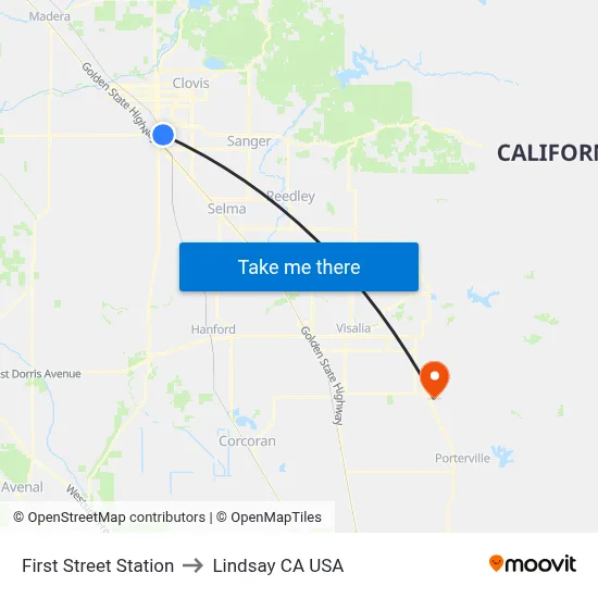 First Street Station to Lindsay CA USA map