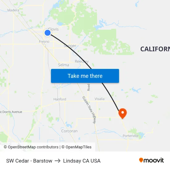 SW Cedar - Barstow to Lindsay CA USA map