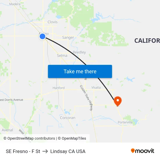 SE Fresno - F St to Lindsay CA USA map