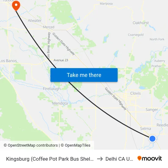 Kingsburg (Coffee Pot Park Bus Shelter) to Delhi CA USA map