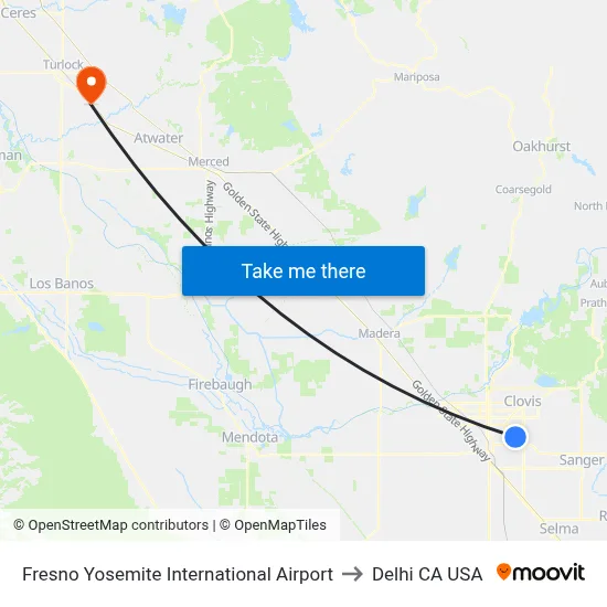 Fresno Yosemite International Airport to Delhi CA USA map