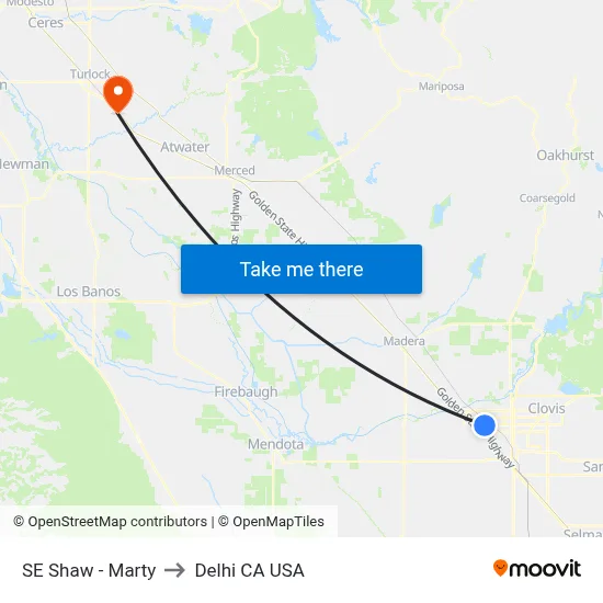 SE Shaw - Marty to Delhi CA USA map