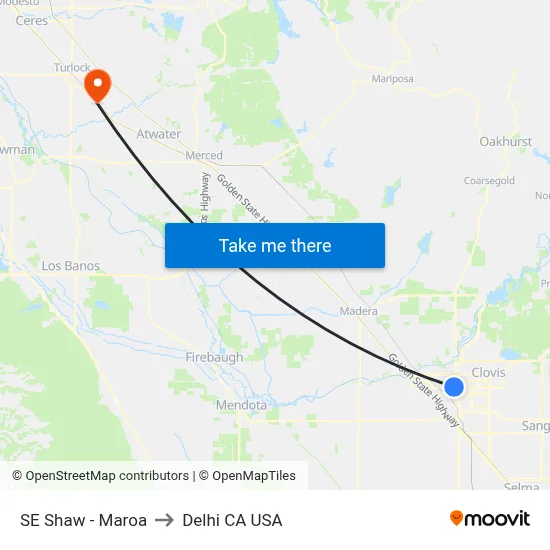 SE Shaw - Maroa to Delhi CA USA map