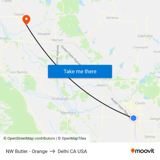 NW Butler - Orange to Delhi CA USA map