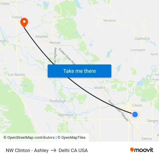 NW Clinton - Ashley to Delhi CA USA map