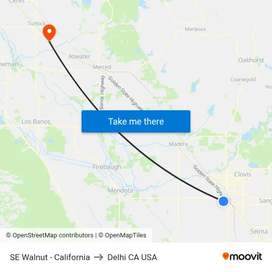 SE Walnut - California to Delhi CA USA map
