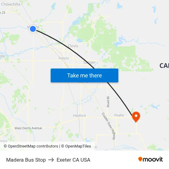 Madera Bus Stop to Exeter CA USA map