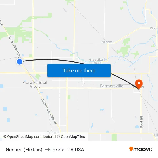 Goshen (Flixbus) to Exeter CA USA map