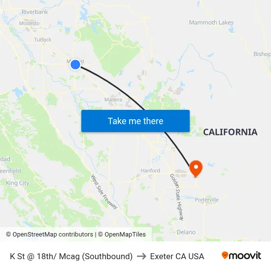 K St @ 18th/ Mcag (Southbound) to Exeter CA USA map
