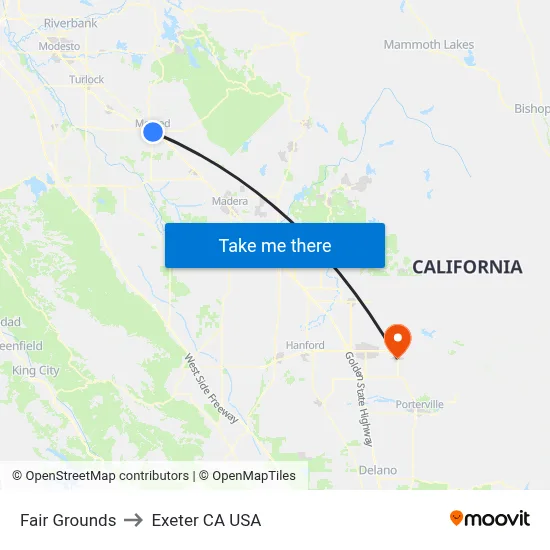 Fair Grounds to Exeter CA USA map