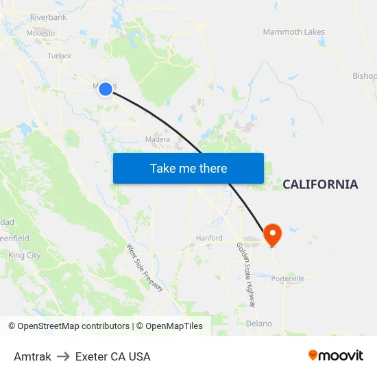 Amtrak to Exeter CA USA map