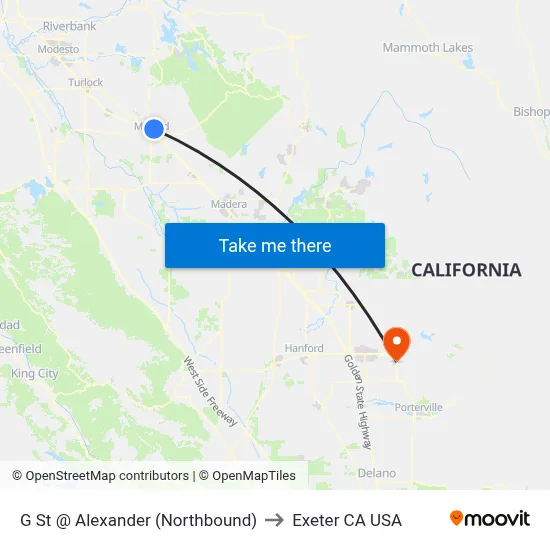 G St @ Alexander (Northbound) to Exeter CA USA map