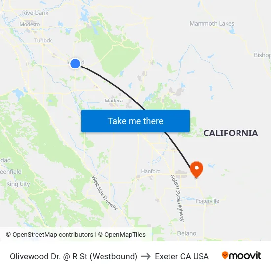 Olivewood Dr. @ R St (Westbound) to Exeter CA USA map