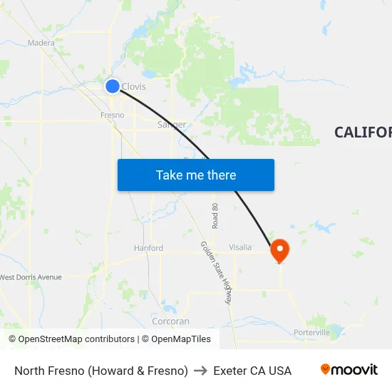 North Fresno (Howard & Fresno) to Exeter CA USA map