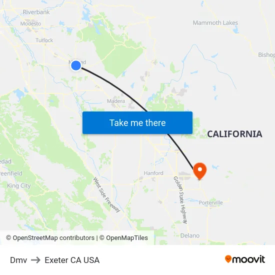 Dmv to Exeter CA USA map