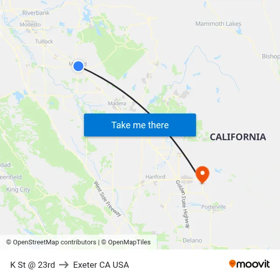 K St @ 23rd to Exeter CA USA map
