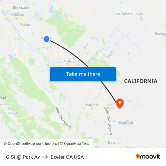 G St @ Park Av to Exeter CA USA map