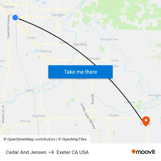 Cedar And Jensen to Exeter CA USA map