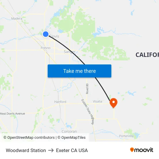 Woodward Station to Exeter CA USA map