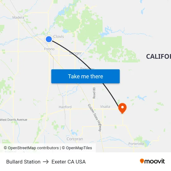 Bullard Station to Exeter CA USA map