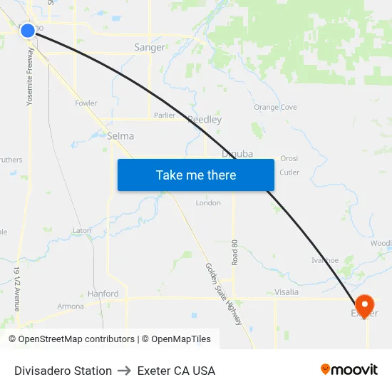 Divisadero Station to Exeter CA USA map
