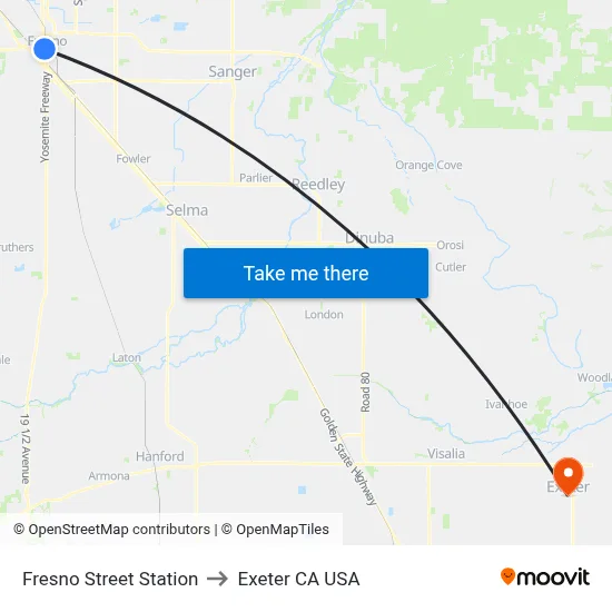 Fresno Street Station to Exeter CA USA map