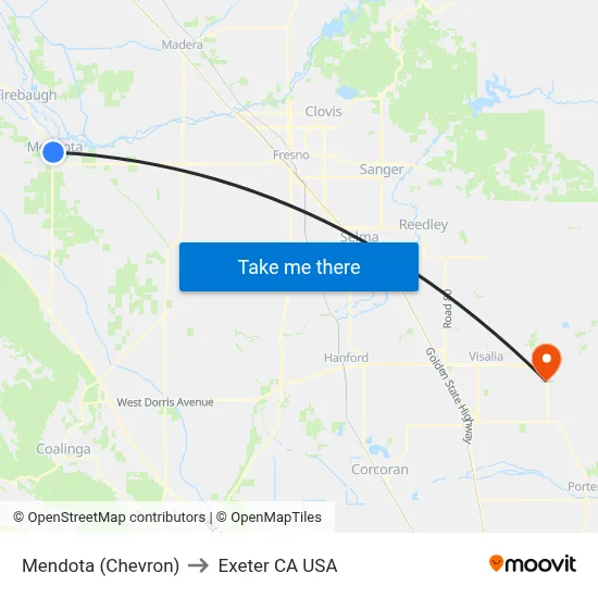 Mendota (Chevron) to Exeter CA USA map