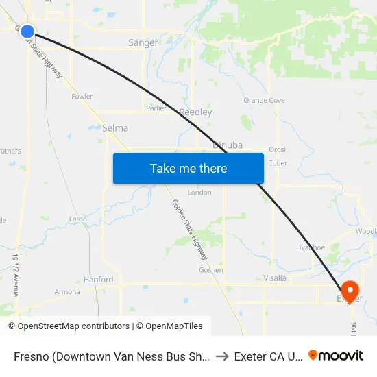 Fresno (Downtown Van Ness Bus Shelter) to Exeter CA USA map
