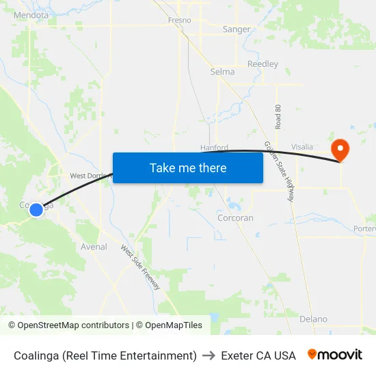 Coalinga (Reel Time Entertainment) to Exeter CA USA map