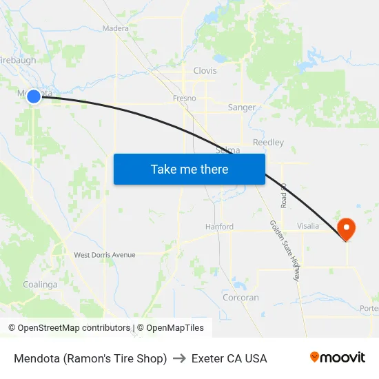 Mendota (Ramon's Tire Shop) to Exeter CA USA map