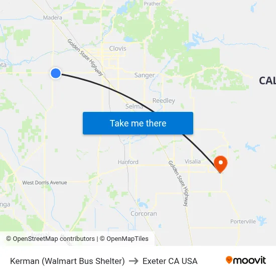 Kerman (Walmart Bus Shelter) to Exeter CA USA map