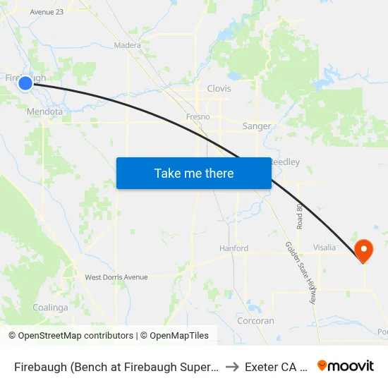 Firebaugh (Bench at Firebaugh Supermarket) to Exeter CA USA map