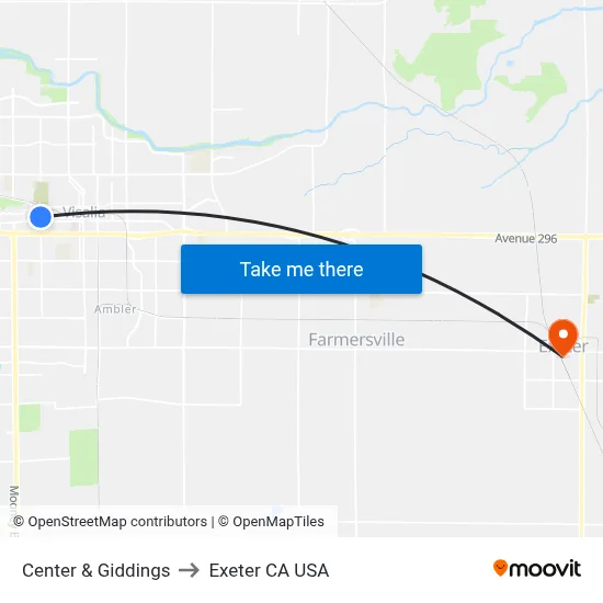 Center & Giddings to Exeter CA USA map