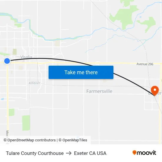 Tulare County Courthouse to Exeter CA USA map