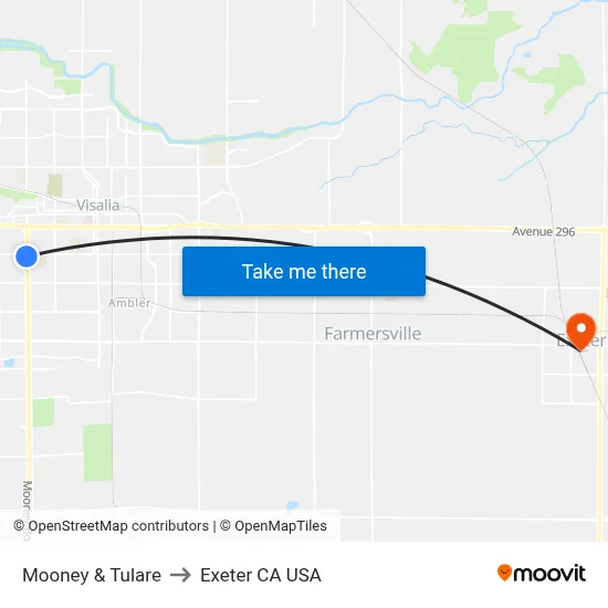 Mooney & Tulare to Exeter CA USA map