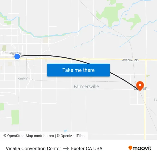 Visalia Convention Center to Exeter CA USA map
