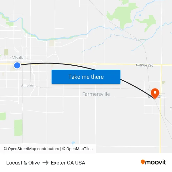 Locust & Olive to Exeter CA USA map