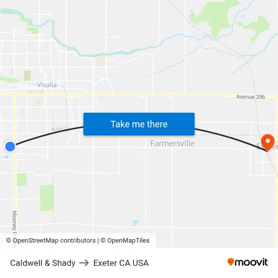 Caldwell & Shady to Exeter CA USA map