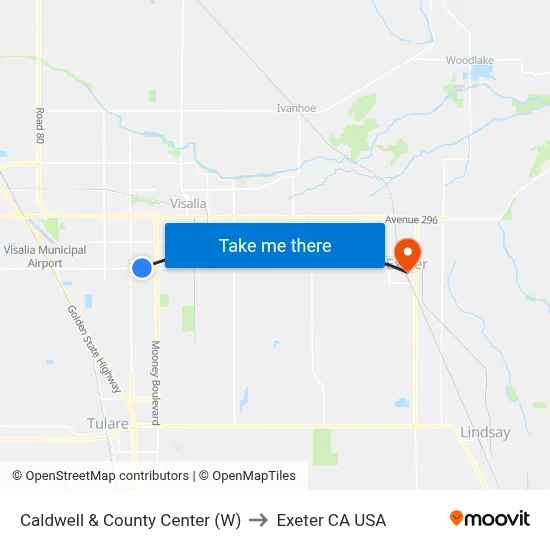 Caldwell & County Center (W) to Exeter CA USA map