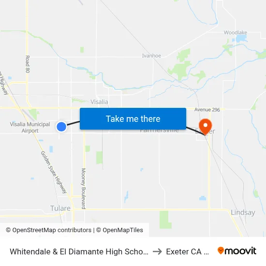 Whitendale & El Diamante High School (W) to Exeter CA USA map