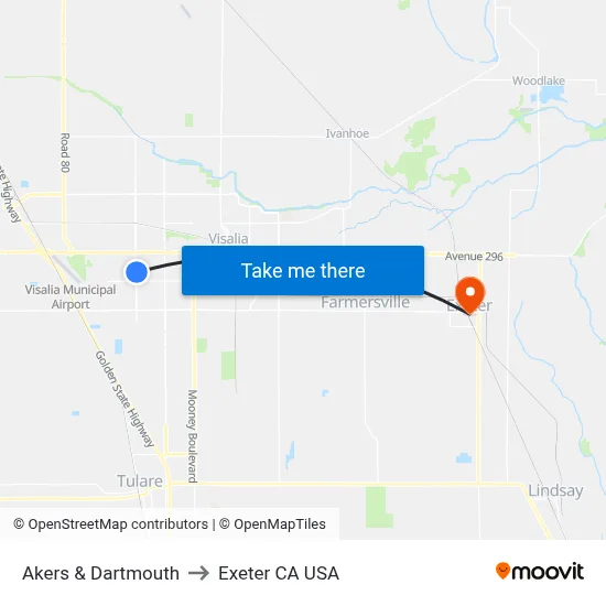 Akers & Dartmouth to Exeter CA USA map