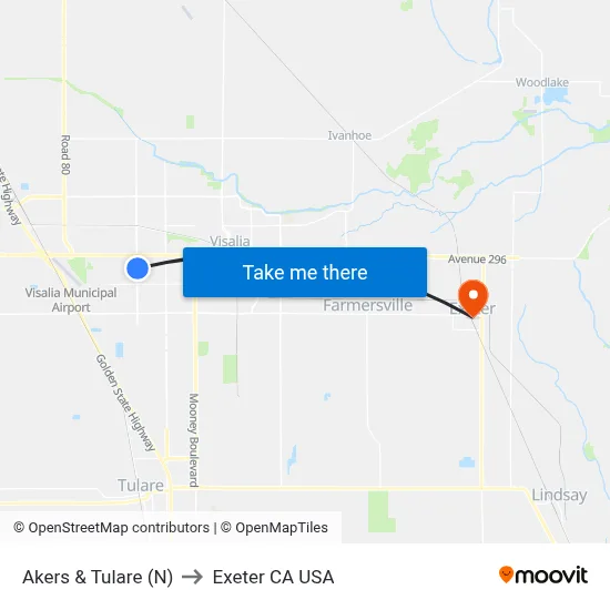 Akers & Tulare (N) to Exeter CA USA map