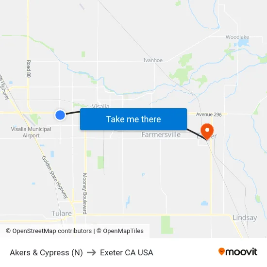 Akers & Cypress (N) to Exeter CA USA map