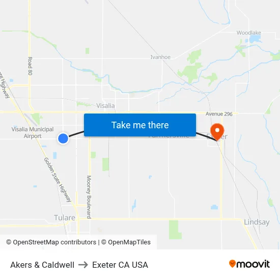 Akers & Caldwell to Exeter CA USA map