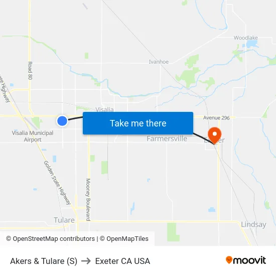 Akers & Tulare (S) to Exeter CA USA map
